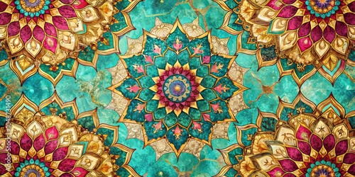 Vibrant Abstract Marbled Pattern with Stylized Dodecagons in Turquoise, Magenta, and Amber Hues photo