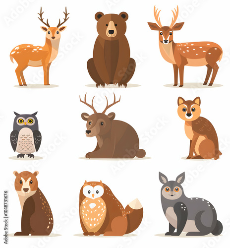 A set of nine colorful cartoon woodland animals including a deer, owl, bear, fox, and rabbit.