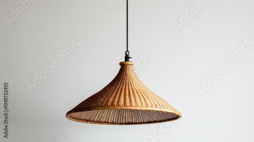 Wicker Cone-Shaped Pendant Light Fixture Hanging from White Ceiling photo