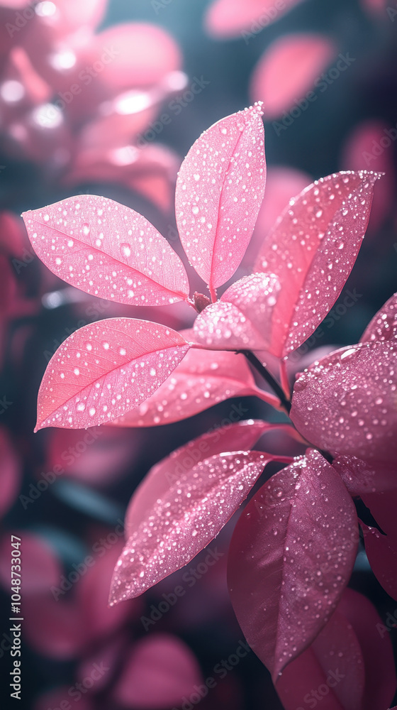 Capture the beauty of delicate pink leaves adorned with water droplets. This close-up showcases nature's vibrancy and serene aesthetic, perfect for botanical themes Capture the beauty of delicate pink leaves adorned with water droplets. This close-up showcases nature's vibrancy and serene aesthetic, perfect for botanical themes