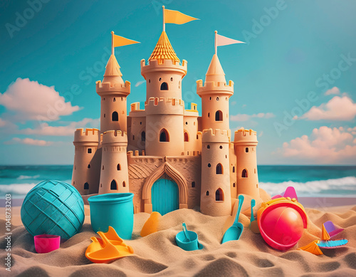 Castles in the sand. Well constructed and intricate sand castle on a beach with beach toys around it. photo