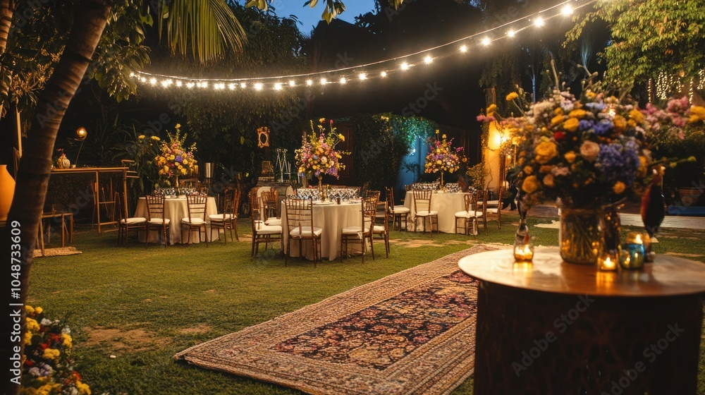 Obraz premium A party setup before guests arrive, showing neatly arranged tables, decorations, and an inviting atmosphere.