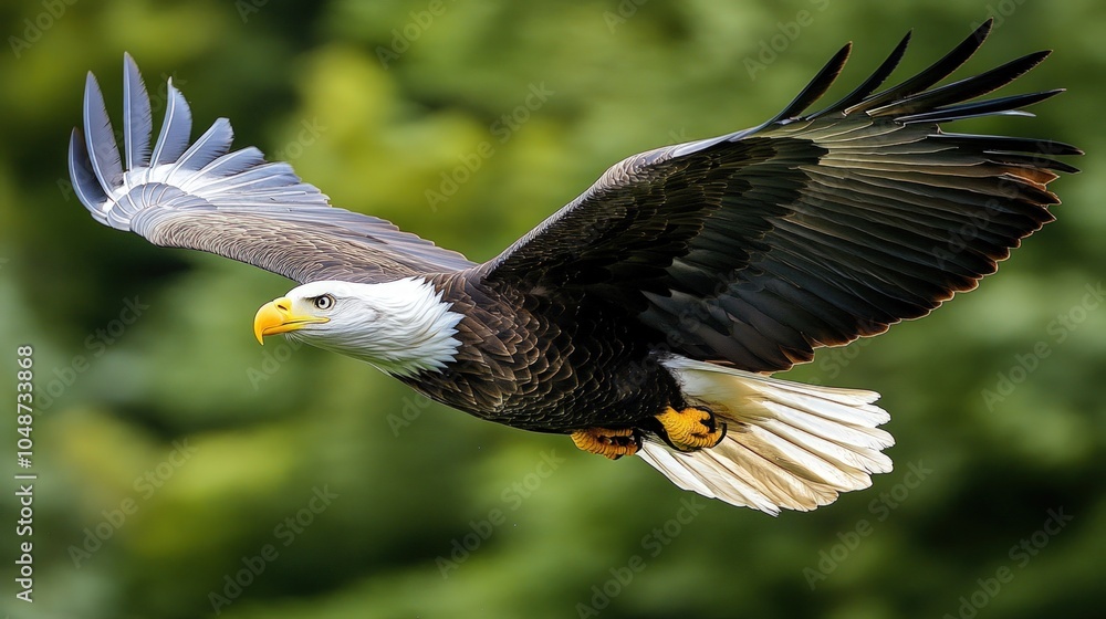 Obraz premium A bald eagle in flight with its wings spread wide.