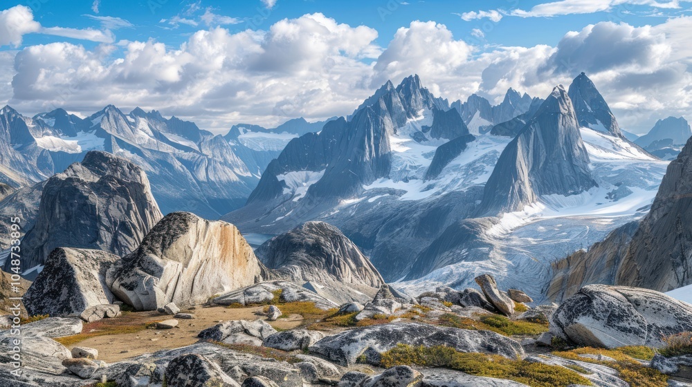 Obraz premium Majestic Mountain Range with Glacier and Rocky Foreground