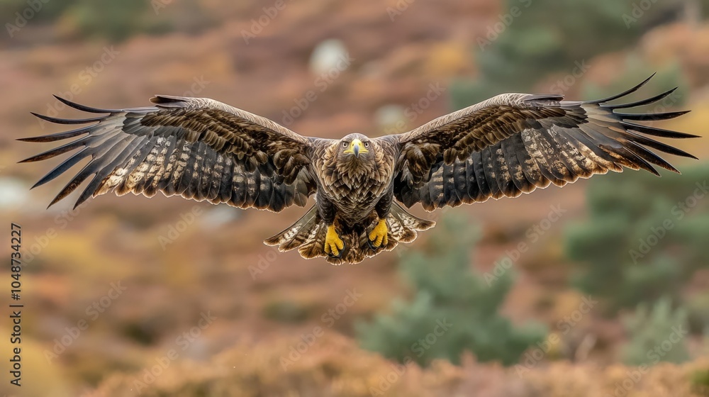 Fototapeta premium A majestic eagle with its wings spread wide, soaring high above a picturesque landscape.