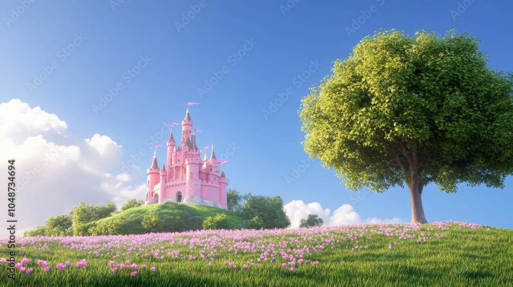 Enchanting pink castle on a lush green hill surrounded by blooming flowers and a majestic tree Enchanting pink castle on a lush green hill surrounded by blooming flowers and a majestic tree