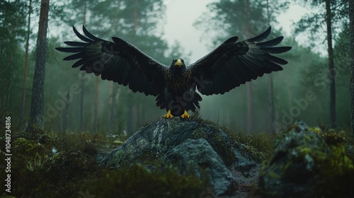 A majestic eagle stands with wings spread wide on a rocky outcropping in a misty forest. photo