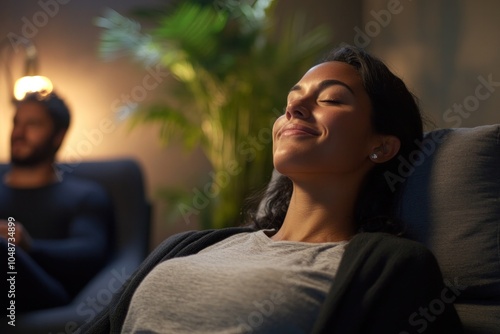 A therapist guiding a client through a relaxation technique, combining mindfulness with psychological flexibility to enhance mental health. photo