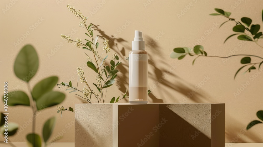 A White Bottle of Lotion on a Tan Platform with Greenery A White Bottle of Lotion on a Tan Platform with Greenery