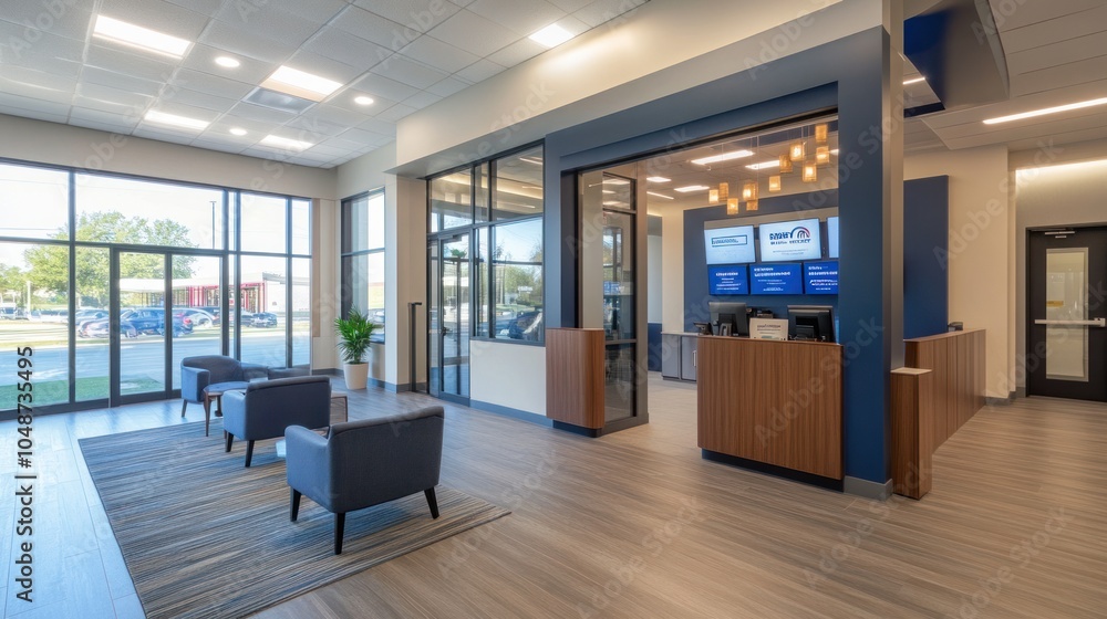 Bank branch design, incorporating a modern and friendly layout for customers, with clear signage and a welcoming entrance. Bank branch design, incorporating a modern and friendly layout for customers, with clear signage and a welcoming entrance.