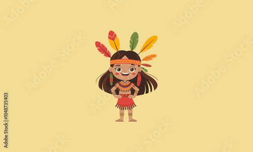 Smiling tribal girl wearing feathers and traditional attire.