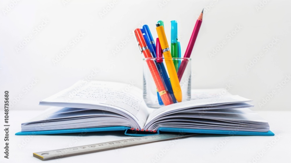 Open Book with Colorful Pens and a Ruler Open Book with Colorful Pens and a Ruler