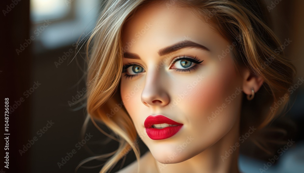 Stunning Portrait of a Young Woman with Bold Red Lips and Radiant Skin Stunning Portrait of a Young Woman with Bold Red Lips and Radiant Skin