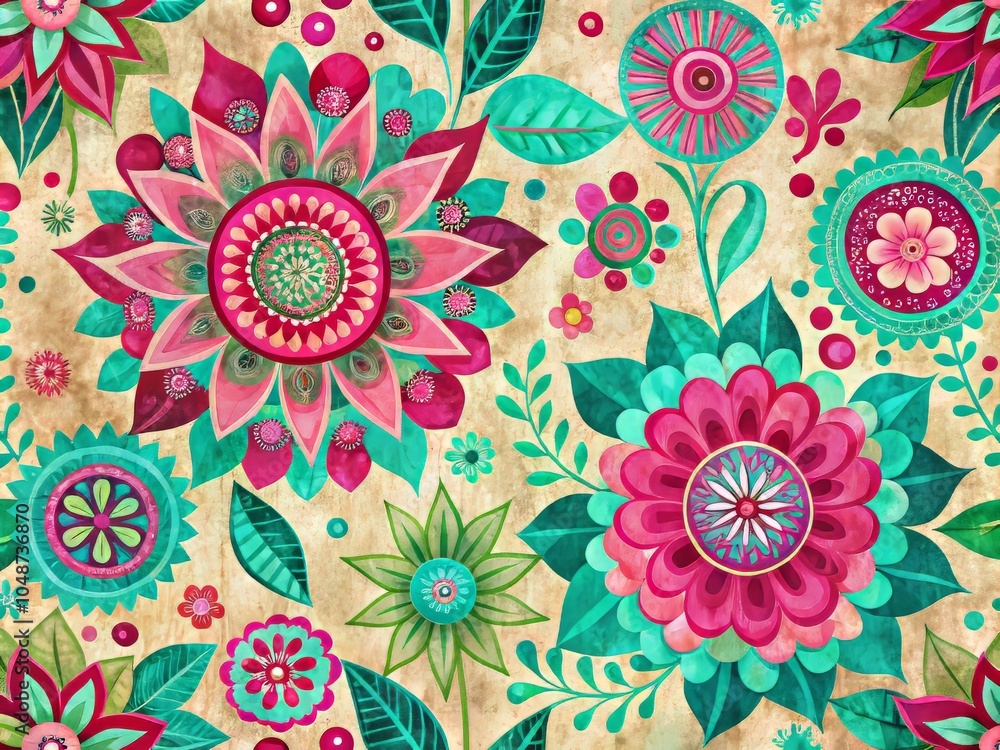 Vibrant Whimsical Geometric Patterns with Stylized Flowers in a Colorful and Playful Design Vibrant Whimsical Geometric Patterns with Stylized Flowers in a Colorful and Playful Design