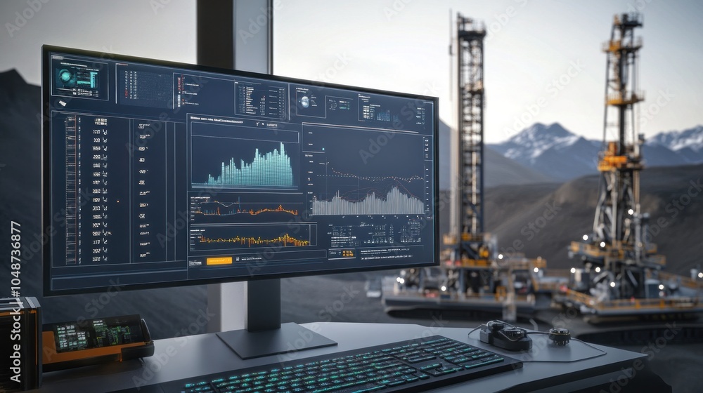 Drilling technology solutions featuring a digital display of real-time data from a drilling operation with a focus on precision and efficiency Drilling technology solutions featuring a digital display of real-time data from a drilling operation with a focus on precision and efficiency