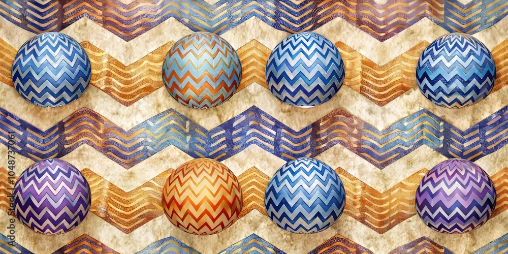 Naklejka premium Vibrant Whimsical Herringbone Pattern Illustration Featuring Spheres Surrounded by Mystical Mists