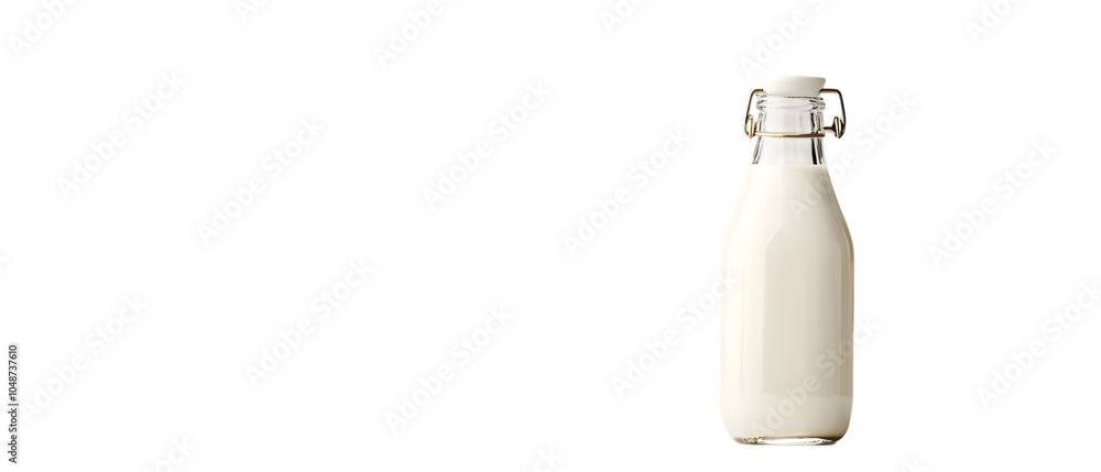 A glass bottle filled with milk, standing on a clean background isolated on white background A glass bottle filled with milk, standing on a clean background isolated on white background
