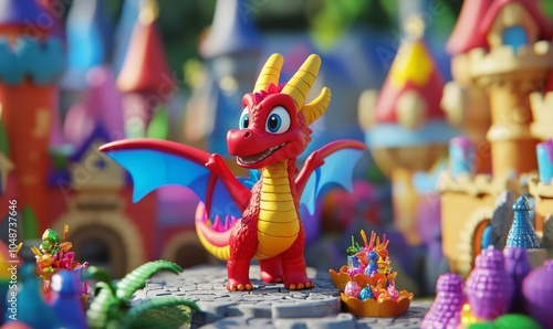 A red dragon toy in a fairytale setting.