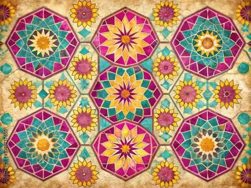 Vibrant Whimsical Illustration of Moroccan Tiles Featuring Stylized Dodecagons and Colorful Patterns photo