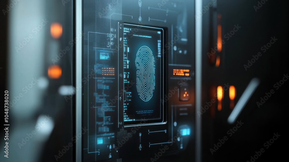 Fototapeta premium Biometric lock system with a 3D interface and fingerprint sensor, for a futuristic approach to smart security.