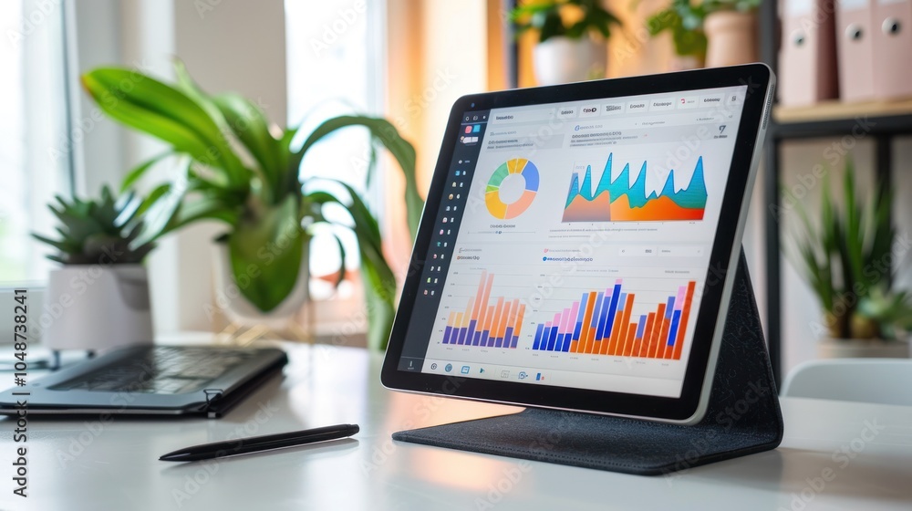 A Tablet Displaying Business Analytics Charts and Graphs on a White Desk A Tablet Displaying Business Analytics Charts and Graphs on a White Desk