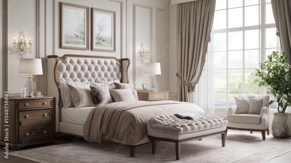 Fototapeta premium Classic bedroom design featuring elegant, timeless furniture, soft colors, and traditional patterns for a refined look.