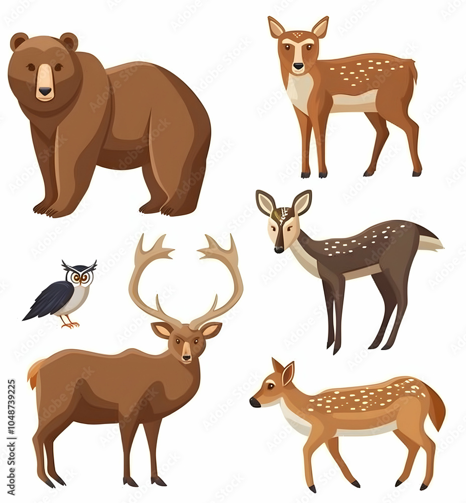 A set of five cartoon animals including a bear, deer, and owl isolated on a white background. A set of five cartoon animals including a bear, deer, and owl isolated on a white background.
