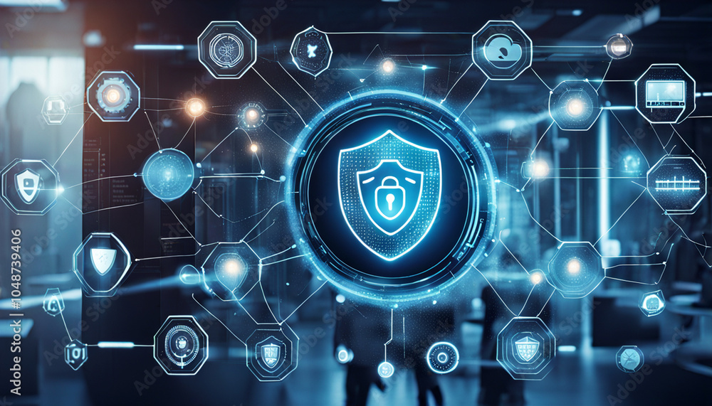 Futuristic interface with advanced network security protocols and digital protection Futuristic interface with advanced network security protocols and digital protection