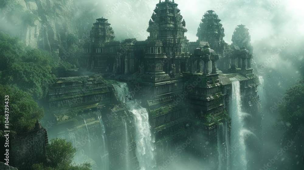 An ancient temple hidden deep in the jungle, with a waterfall cascading nearby and mist creating an ethereal atmosphere 