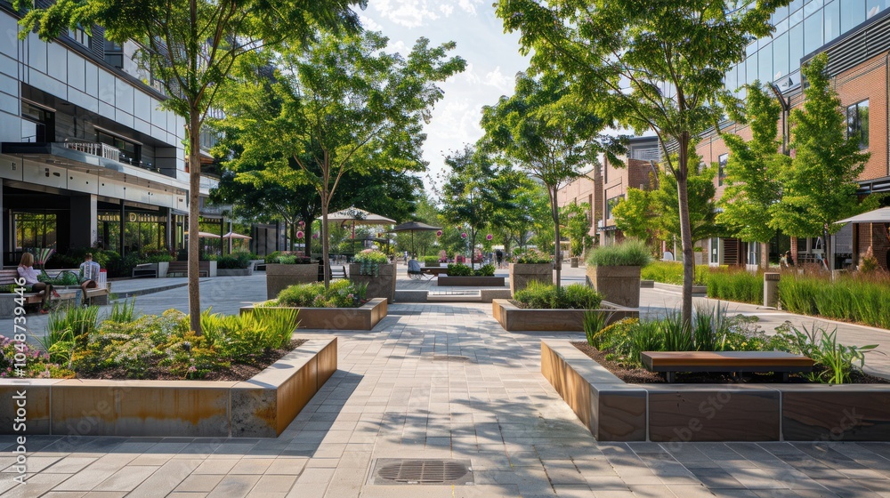 A  well-maintained walkway lined with planters and buildings