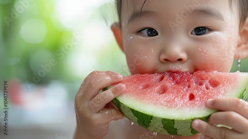 Child Enjoying Juicy Watermelon Slice in Summer photo