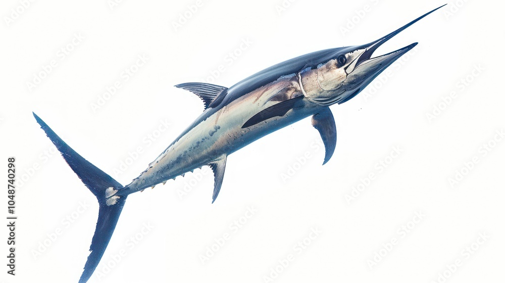 Fototapeta premium A Blue Marlin Leaps Through the Air with a White Background