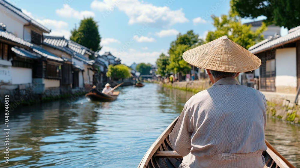 Traditional Boatman Rowing on Scenic Waterway Traditional Boatman Rowing on Scenic Waterway