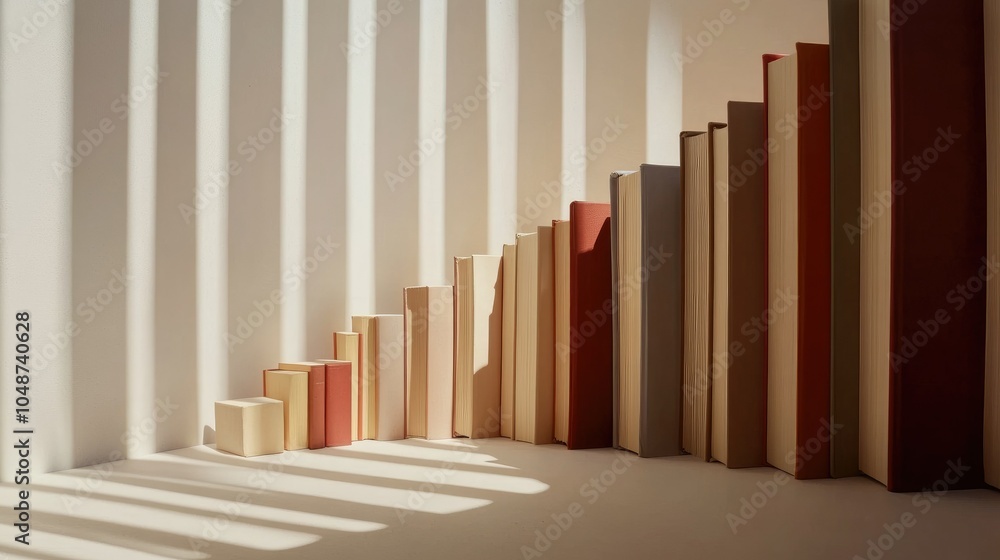 Obraz premium Books arranged in a curve from left to right, symbolizing stages of education from early learning to advanced study, with a soft spotlight effect
