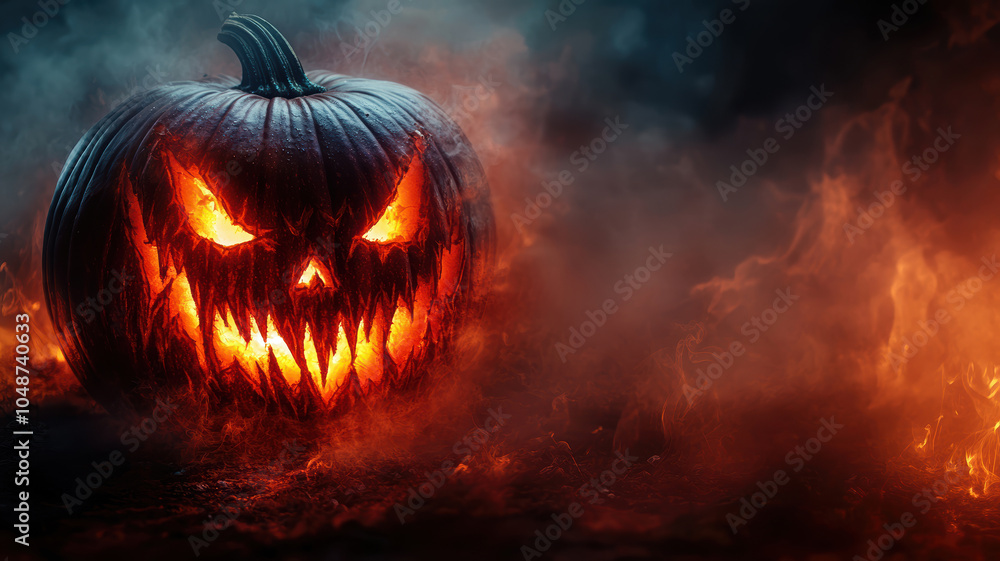 A pumpkin with a scary face is lit up with a light. The pumpkin is surrounded by smoke and fire, creating a spooky and eerie atmosphere A pumpkin with a scary face is lit up with a light. The pumpkin is surrounded by smoke and fire, creating a spooky and eerie atmosphere