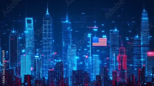 Digital Skyline of a City with American Flag