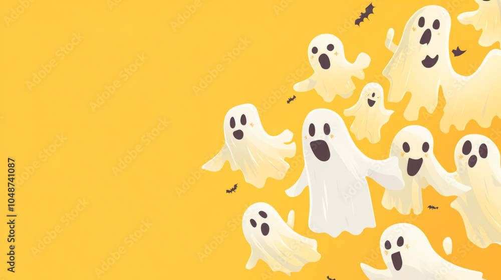 Whimsical cartoon ghosts floating against a bright yellow background, perfect for Halloween. Whimsical cartoon ghosts floating against a bright yellow background, perfect for Halloween.
