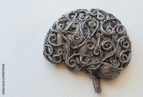 A brain made of wire is shown in a close up. The brain is made of many small wires that are twisted and curled. The brain is made to look like a piece of art, and it is very detailed photo