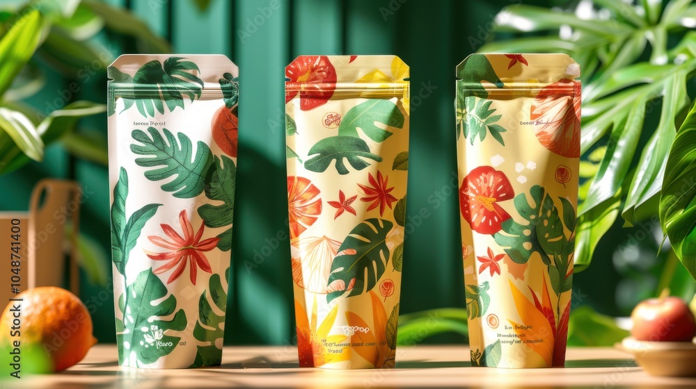 Obraz premium Eco-conscious pouches for plant-based protein powders, using compostable materials with colorful graphics that highlight nutritional benefits and recipes