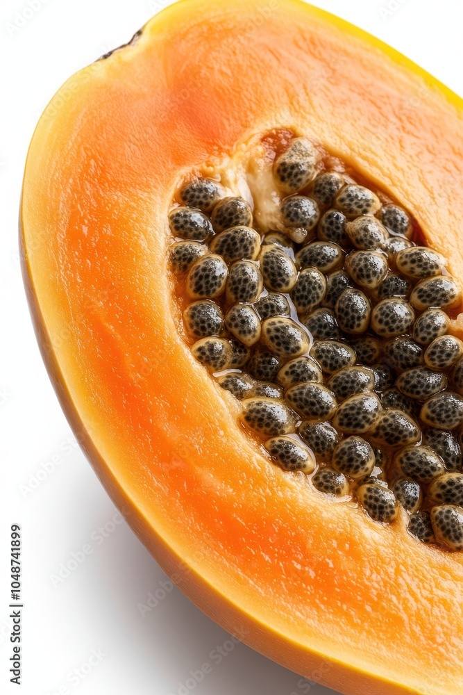 Shiny Golden Papaya Half with Seeds and Leaf Shiny Golden Papaya Half with Seeds and Leaf