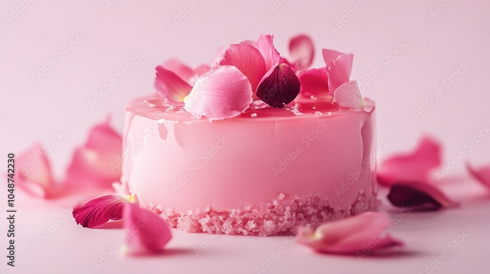Close-up of a pink dessert garnished with edible petals, artfully arranged against a pastel background, exuding charm and delicacy. Close-up of a pink dessert garnished with edible petals, artfully arranged against a pastel background, exuding charm and delicacy.