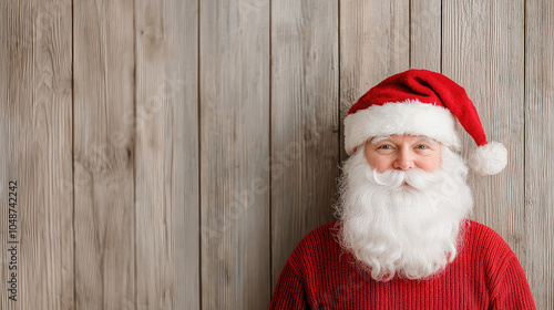 Banner of a heerful Santa Claus with fluffy beard and red hat against wooden background as  photo