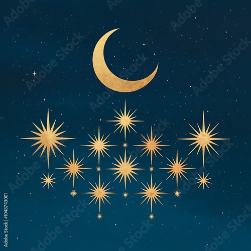 An illustration of celestial symbols featuring a crescent moon and radiant stars against a deep blue sky