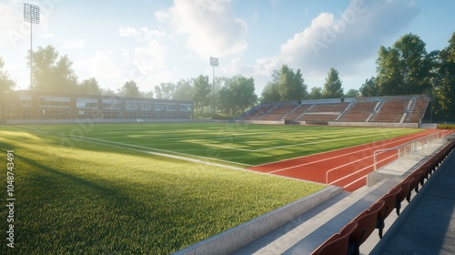 High school stadium with modest seating and a simple field, representing a local and communal sports environment. photo