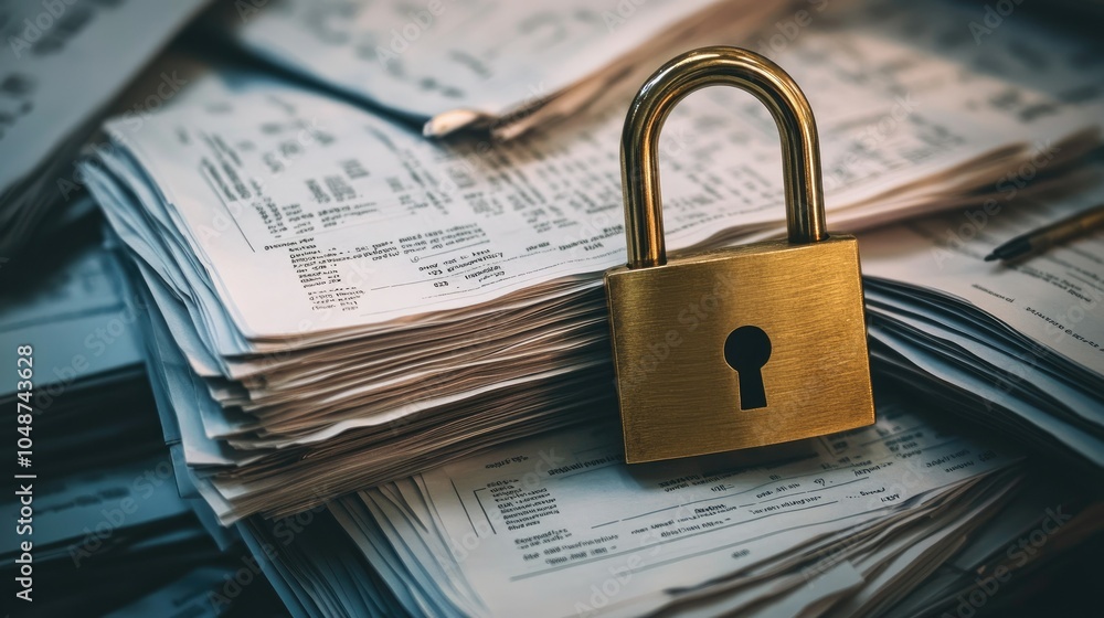 Naklejka premium Confidential paperwork secured with a golden padlock, representing professional data protection and confidentiality standards.