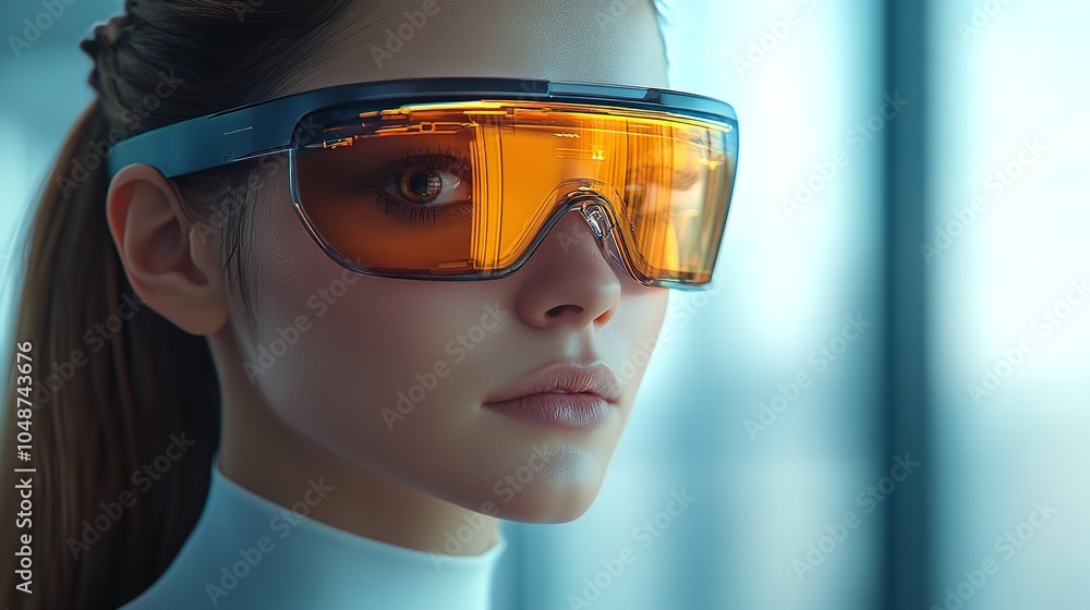 Modern Businesswoman Using Augmented Reality Glasses to Visualize Data and Communicate with Remote Colleagues Modern Businesswoman Using Augmented Reality Glasses to Visualize Data and Communicate with Remote Colleagues