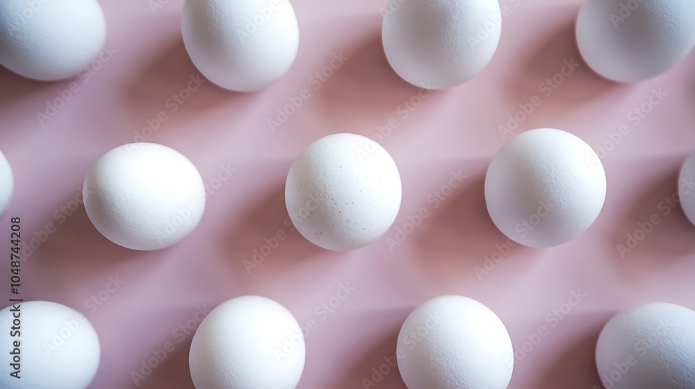 A stunning arrangement of multiple white eggs on a soft pastel pink background for a fresh and minimalistic aesthetic A stunning arrangement of multiple white eggs on a soft pastel pink background for a fresh and minimalistic aesthetic
