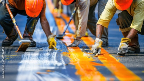 Workers Painting Road Markings with Yellow and White Paint