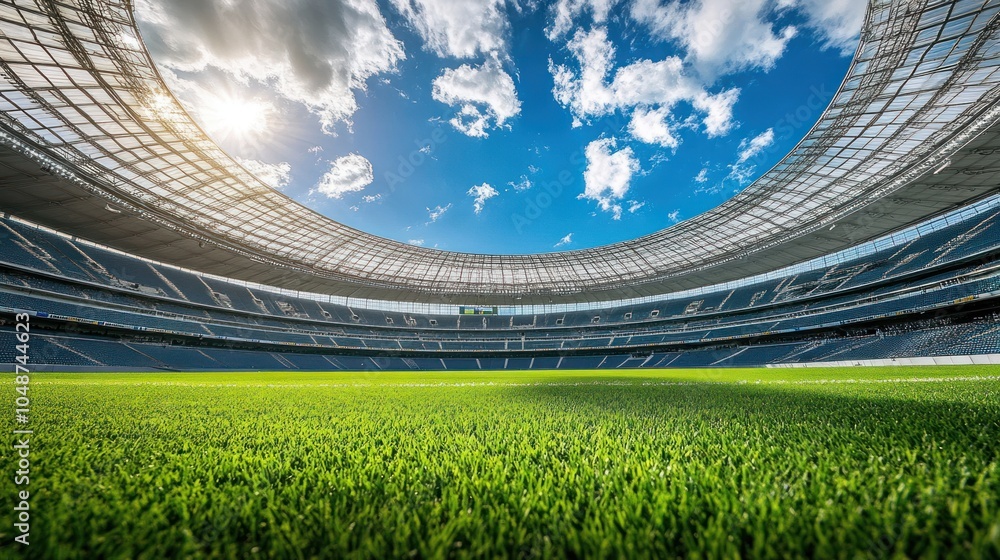 Fototapeta premium Large stadium arena with open roof and bright green field, emphasizing the scale and grandeur of the architecture.