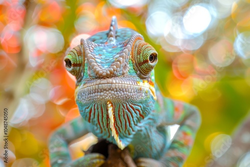 Fish-eye Lens Effect of a Chameleon with its Tongue Out - On a branch with a colorful, tropical background photo